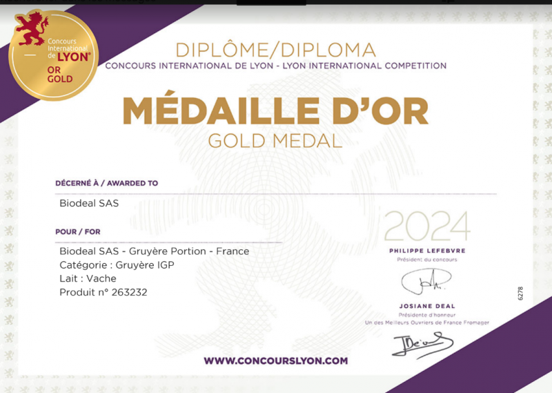 Médaille d'Or Gruyère IGP bio 